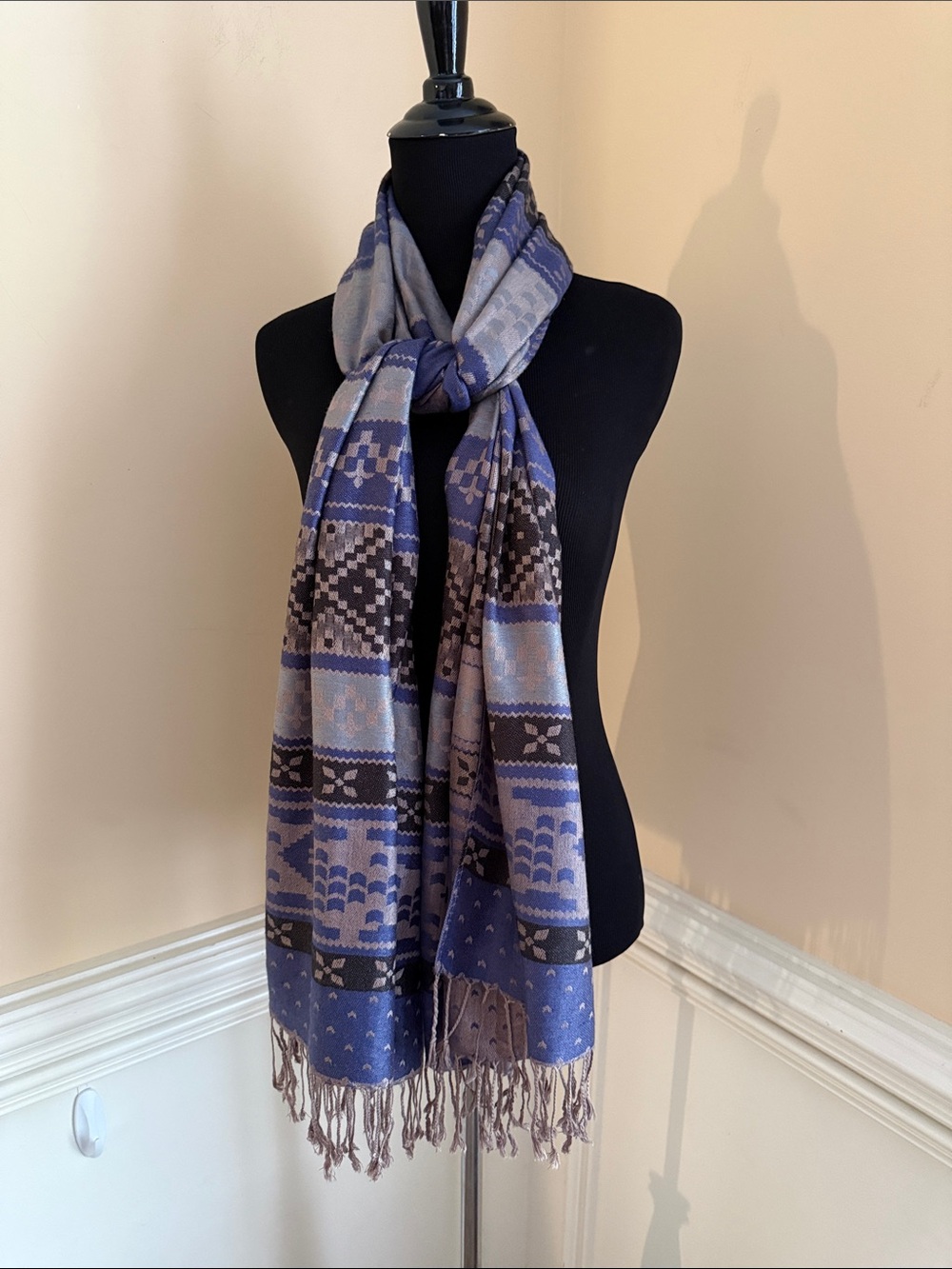 Jacquard Patterned Fringe Shawl in Lavender and Tan Multicolor One Size